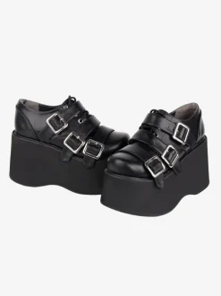 Gothic Lolita Footwear Black Lace Up Round Toe PU Leather Lolita Shoes