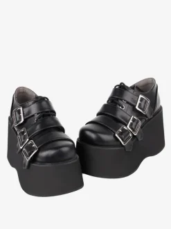 Gothic Lolita Footwear Black Lace Up Round Toe PU Leather Lolita Shoes