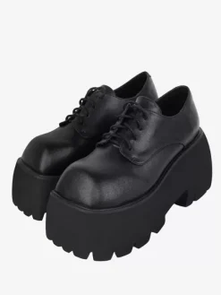 Gothic Lolita Footwear Black Lace up Square Toe PU Leather Lolita Shoes