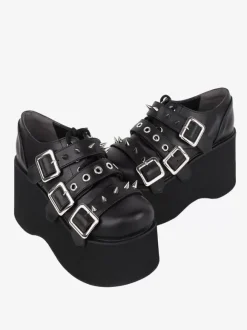 Gothic Lolita Footwear Black Metallic Grommets Round Toe PU Leather Lolita Shoes