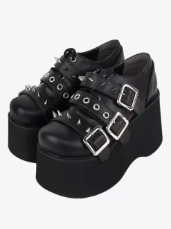 Gothic Lolita Footwear Black Metallic Grommets Round Toe PU Leather Lolita Shoes