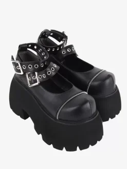 Gothic Lolita Footwear Black Grommets Metallic PU Leather Wedge Heel Lolita Shoes