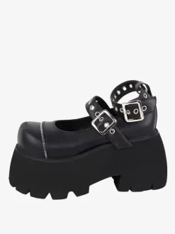 Gothic Lolita Footwear Black Grommets Metallic PU Leather Wedge Heel Lolita Shoes