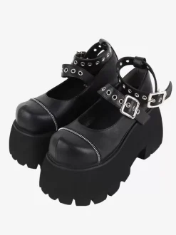 Gothic Lolita Footwear Black Grommets Metallic PU Leather Wedge Heel Lolita Shoes