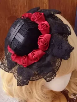 Gothic Lolita Hat Black Ruffles Flowers Accessory Polyester Lolita Accessories