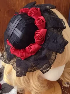 Gothic Lolita Hat Black Ruffles Flowers Accessory Polyester Lolita Accessories