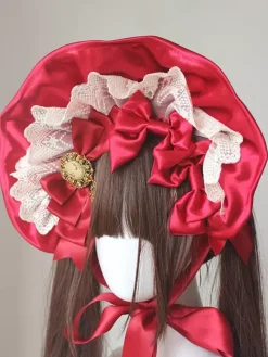 Gothic Lolita Hat Burgundy Bows Ruffles Accessory Polyester Lolita Accessories