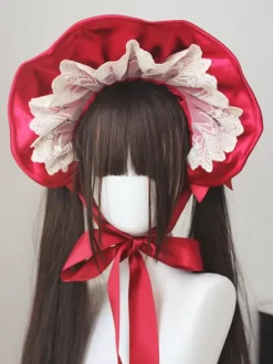 Gothic Lolita Hat Burgundy Bows Ruffles Accessory Polyester Lolita Accessories
