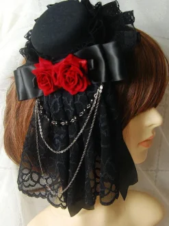 Gothic Lolita Headdress Lace Ruffle Floral Bow Metallic Chain Two Tone Lolita Hair Accessory