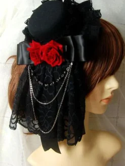 Gothic Lolita Headdress Lace Ruffle Floral Bow Metallic Chain Two Tone Lolita Hair Accessory