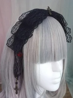 Gothic Lolita Headdress Lace Bow Metallic Design Black Lolita Hair Accessory