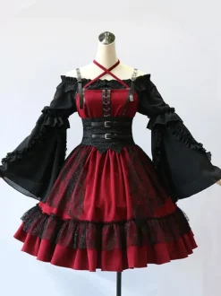 Gothic Lolita JSK Dress Burgundy Polyester Sleeveless Grommets Lace Lace Up Criss-Cross Red Lolita Jumper Skirts