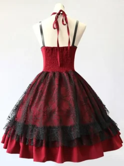 Gothic Lolita JSK Dress Burgundy Polyester Sleeveless Grommets Lace Lace Up Criss-Cross Red Lolita Jumper Skirts