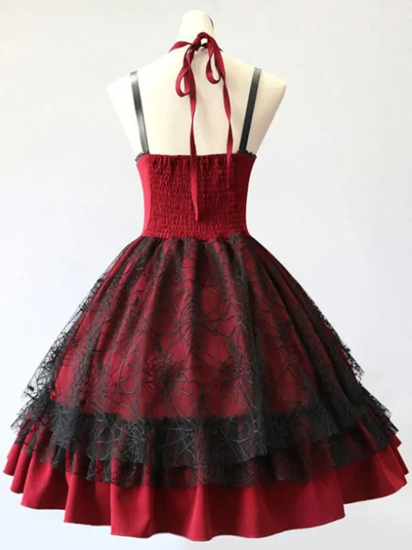 Gothic Lolita JSK Dress Burgundy Polyester Sleeveless Grommets Lace Lace Up Criss-Cross Red Lolita Jumper Skirts