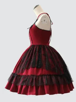 Gothic Lolita JSK Dress Burgundy Polyester Sleeveless Grommets Lace Lace Up Criss-Cross Red Lolita Jumper Skirts