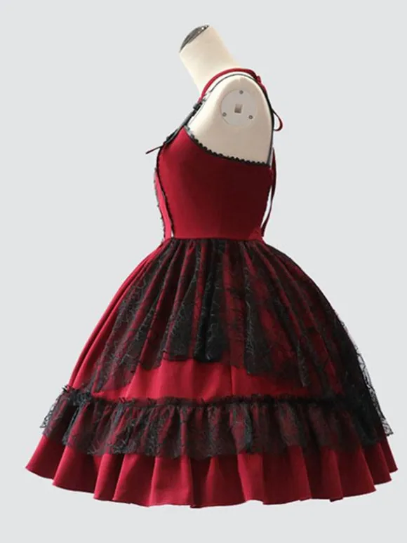 Gothic Lolita JSK Dress Burgundy Polyester Sleeveless Grommets Lace Lace Up Criss-Cross Red Lolita Jumper Skirts