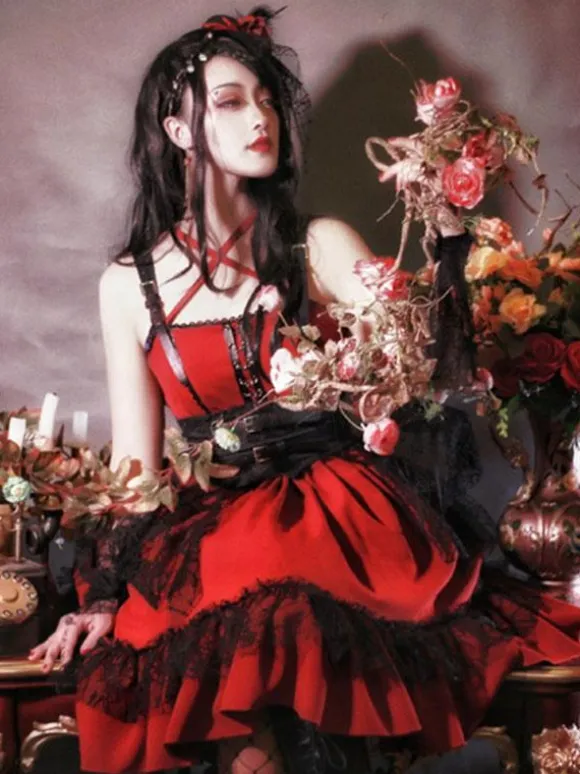 Gothic Lolita JSK Dress Burgundy Polyester Sleeveless Grommets Lace Lace Up Criss-Cross Red Lolita Jumper Skirts