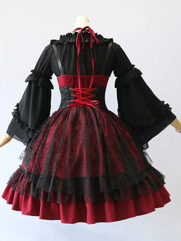 Gothic Lolita JSK Dress Burgundy Polyester Sleeveless Grommets Lace Lace Up Criss-Cross Red Lolita Jumper Skirts