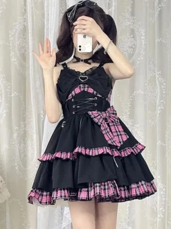 Gothic Lolita JSK Dress Red Plaid Pattern Sleeveless Ruffles Bows Lace Up Lolita Jumper Skirt