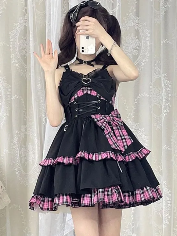 Gothic Lolita JSK Dress Red Plaid Pattern Sleeveless Ruffles Bows Lace Up Lolita Jumper Skirt