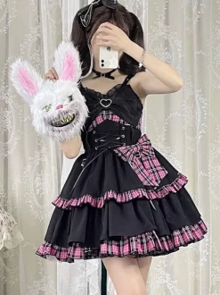 Gothic Lolita JSK Dress Red Plaid Pattern Sleeveless Ruffles Bows Lace Up Lolita Jumper Skirt