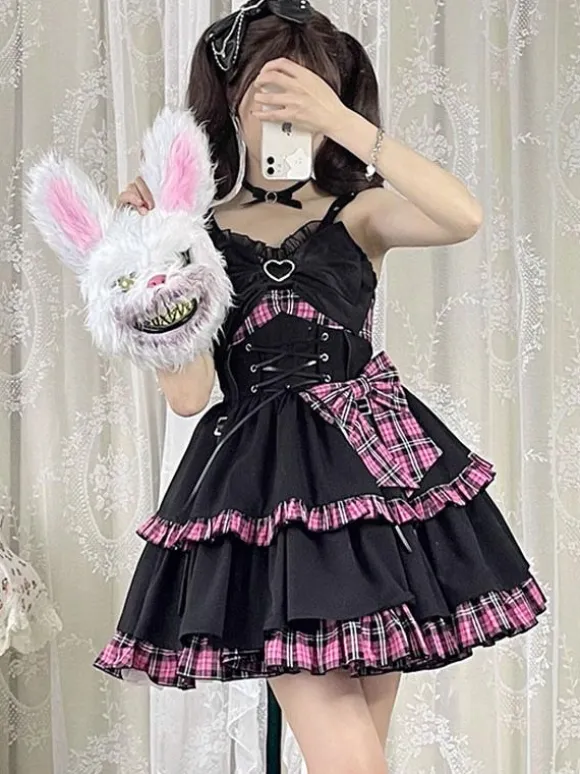 Gothic Lolita JSK Dress Red Plaid Pattern Sleeveless Ruffles Bows Lace Up Lolita Jumper Skirt