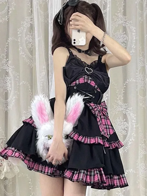Gothic Lolita JSK Dress Red Plaid Pattern Sleeveless Ruffles Bows Lace Up Lolita Jumper Skirt