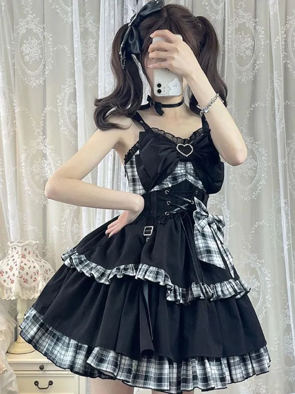 Gothic Lolita JSK Dress Red Plaid Pattern Sleeveless Ruffles Bows Lace Up Lolita Jumper Skirt