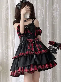 Gothic Lolita JSK Dress Red Plaid Pattern Sleeveless Ruffles Bows Lace Up Lolita Jumper Skirt