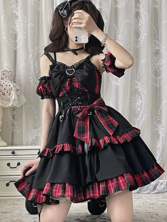 Gothic Lolita JSK Dress Red Plaid Pattern Sleeveless Ruffles Bows Lace Up Lolita Jumper Skirt