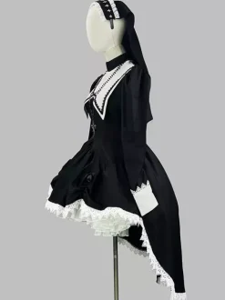 Gothic Lolita Nun Dress High-Low Hemline Design With Headdress Accessories