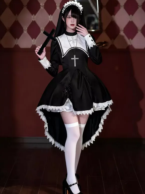 Gothic Lolita Nun Dress High-Low Hemline Design With Headdress Accessories