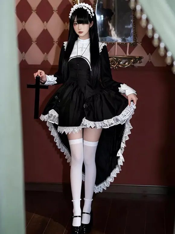 Gothic Lolita Nun Dress High-Low Hemline Design With Headdress Accessories