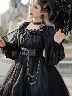 Gothic Lolita OP Dress Bows Long Sleeve Lace Ruffles Black Lolita One Piece Dress