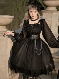 Gothic Lolita OP Dress Bows Long Sleeve Lace Ruffles Black Lolita One Piece Dress