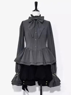 Gothic Lolita Ouji Fashion Blouses Gray Long Sleeves Shirt With Ruffle Neckline