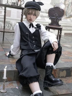 Gothic Lolita Ouji Fashion Black Asymmetrical Shoulder Strap Waistcoat