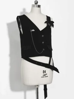 Gothic Lolita Ouji Fashion Black Asymmetrical Shoulder Strap Waistcoat
