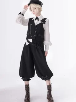 Gothic Lolita Ouji Fashion Black Asymmetrical Shoulder Strap Waistcoat