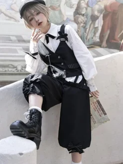 Gothic Lolita Ouji Fashion Black Asymmetrical Shoulder Strap Waistcoat