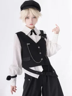Gothic Lolita Ouji Fashion Black Asymmetrical Shoulder Strap Waistcoat