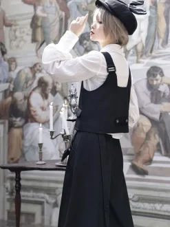 Gothic Lolita Ouji Fashion Black Asymmetrical Shoulder Strap Waistcoat
