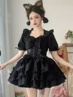 Gothic Lolita Outfits Black Lace Up Ruffles Jacquard Short Sleeves Top Skirt Sets