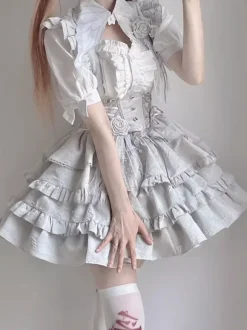 Gothic Lolita Outfits Black Lace Up Ruffles Jacquard Short Sleeves Top Skirt Sets