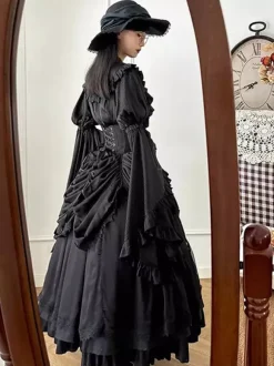 Gothic Lolita Outfits Black Ruffles Bows Lace Long Sleeves Blouse Skirt