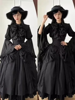 Gothic Lolita Outfits Black Ruffles Bows Lace Long Sleeves Blouse Skirt