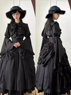 Gothic Lolita Outfits Black Ruffles Bows Lace Long Sleeves Blouse Skirt