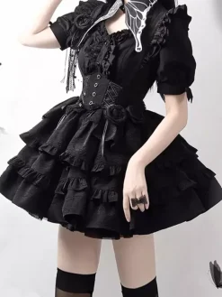 Gothic Lolita Outfits Ruffles Flowers Short Sleeve Black Top Skirt Sets