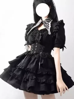 Gothic Lolita Outfits Ruffles Flowers Short Sleeve Black Top Skirt Sets