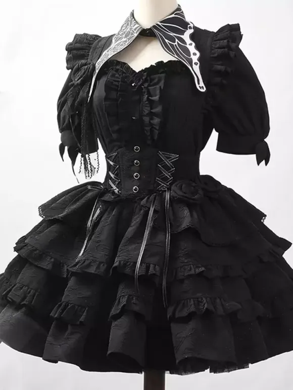 Gothic Lolita Outfits Ruffles Flowers Short Sleeve Black Top Skirt Sets